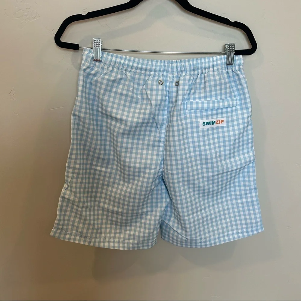 SwimZip Swim Trunks Boxer Brief Liner, Blue Gingham, Small